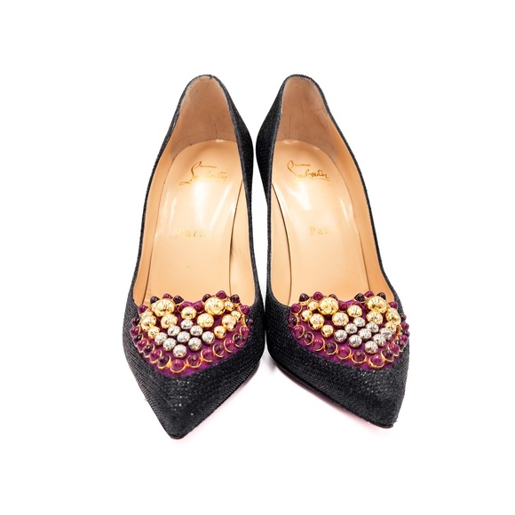 Christian Louboutin Coralta Mia 100 Glitter Tisse Heart Studded Pumps EU 37 - Picture 5 of 9